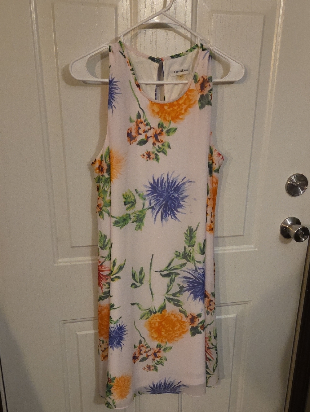 Calvin Klein White Midi Dress with Yellow and Blue Floral Print Size 14